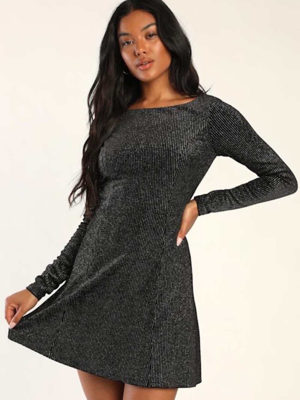 Lulus Chic Sparkles Black And Shiny Silver Long Sleeve Cutout Dress - Size S